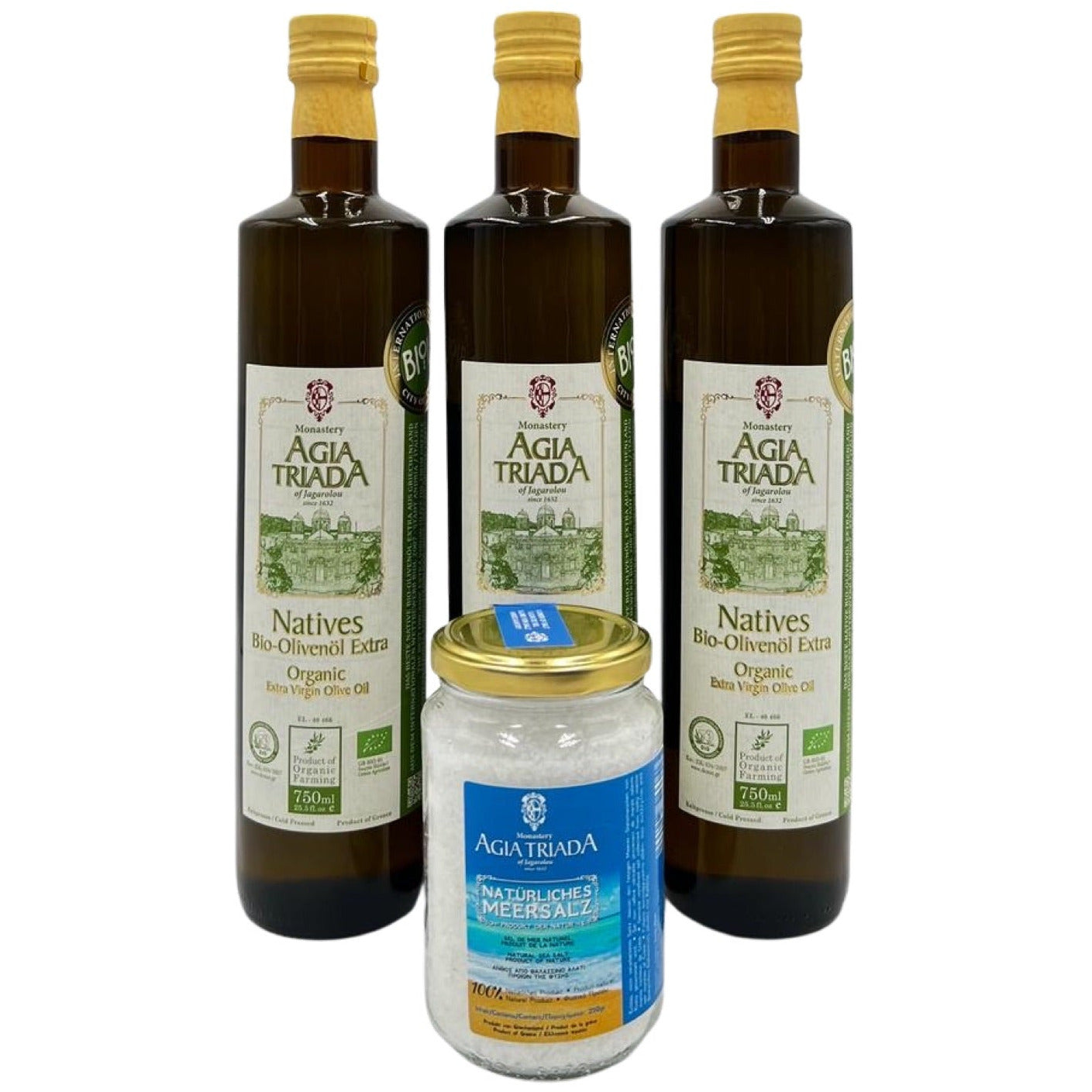 Sparset 3x750ml Flaschen Premium Olivenöl Extra Nativ + Fleur de Sel 250g alles vom Kloster Agia Triada Kreta